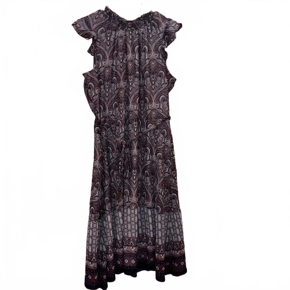 Nina Leonard XL Paisley Print Dress Ruffle Sleeves Cream Red Brown Cottage Boho